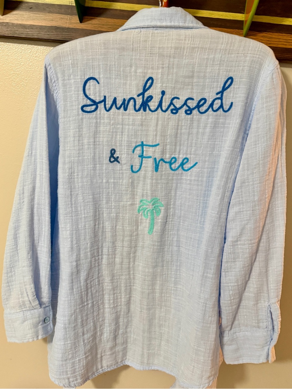Surf Gypsy Light Blue Embroidered Top with Gold Logo